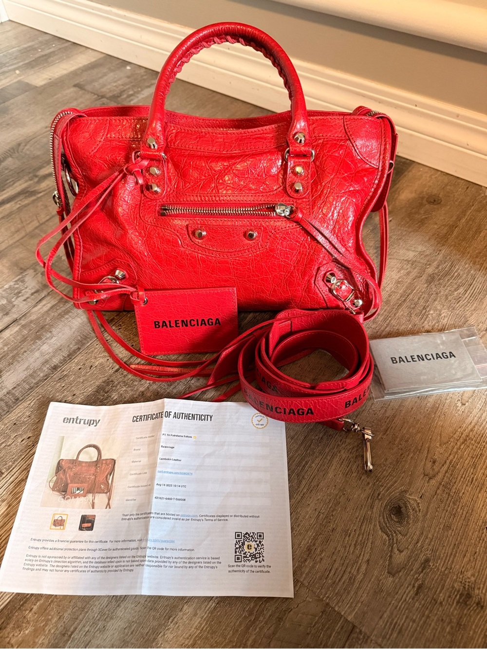 Balenciaga Red Leather Satchel with Branded Strap, Small.